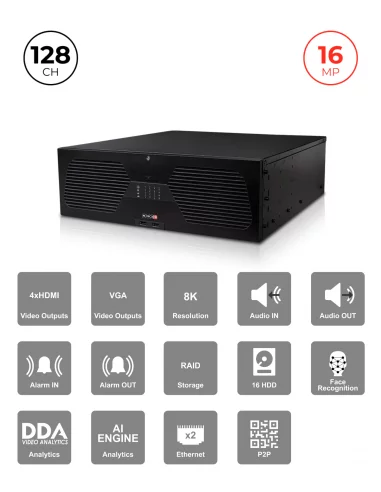 NVR 128CH 16MP avec RAID, Alarmes & IA – NDAA Conforme